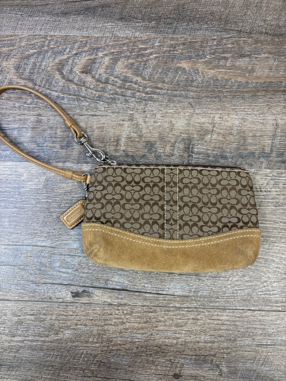 Coach Signature C Logo Wristlet Brown Tan Jacquard Suede Trim Mini Clutch